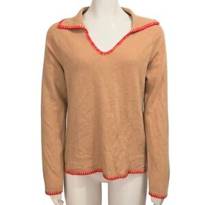 Nouveaux Cashmere Sweater Women S Tan Red Whipstitch Polo V-Neck Pullover SOFT